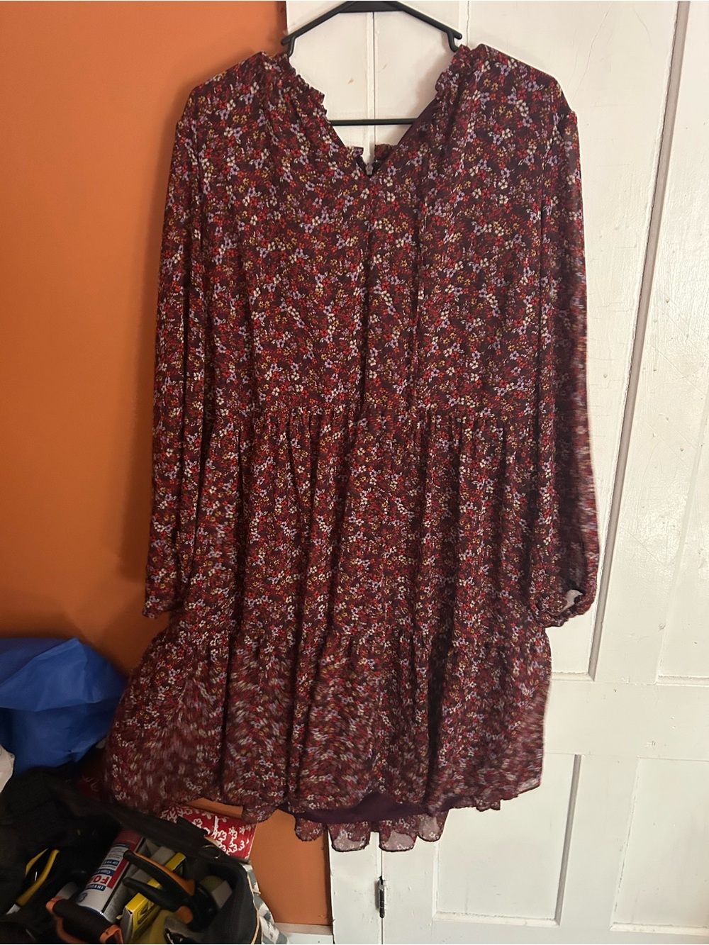 Lane Bryant Burgundy Floral Tiered Long-Sleeve Dress